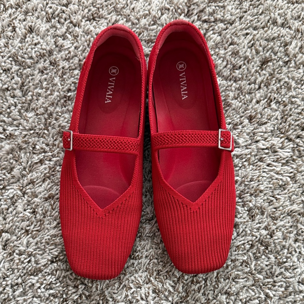 VIVAIA Red Mary Jane Flats - Knit Comfort Loafers